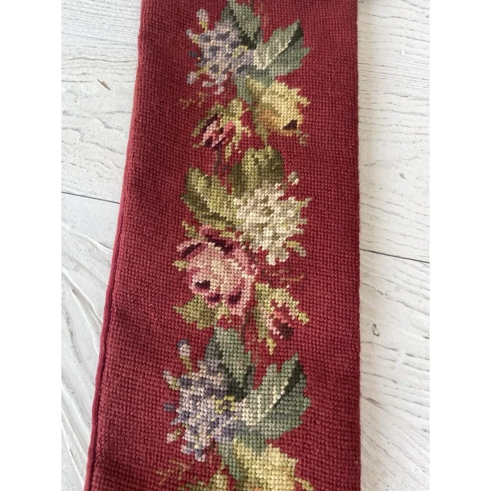 Vtg Burgundy Needlepoint Tapestry Ornate Brass Bell Pull Wall Hanging 63